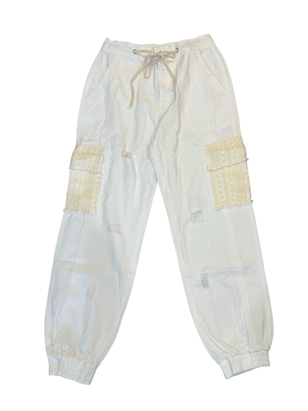 ▫️🌻 NEW POL BESTSELLER! White distressed lounge crotchet pocket cargo joggers🌻▫️ - Picture 1 of 11